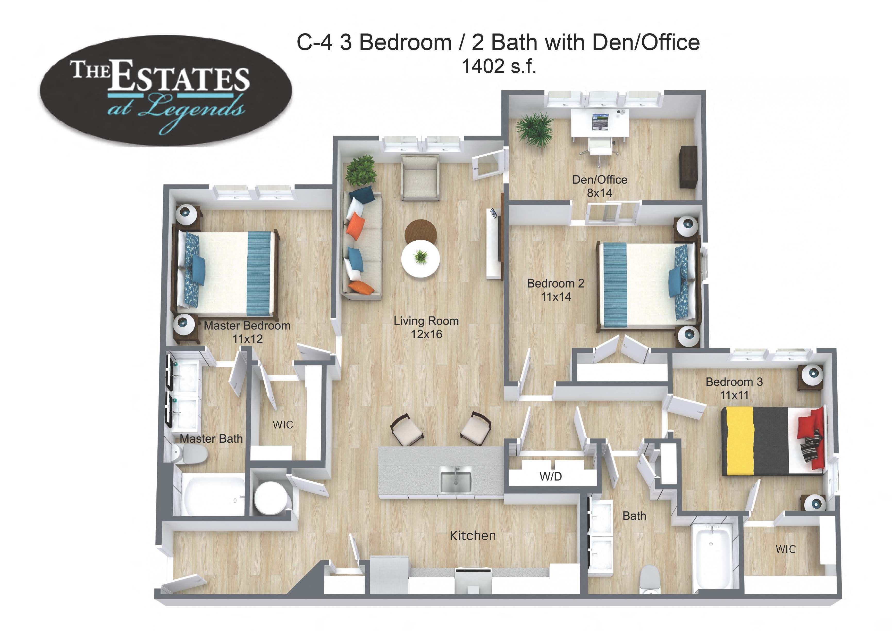 Floor plan for 3 beds, 2 baths, 1402 sqft